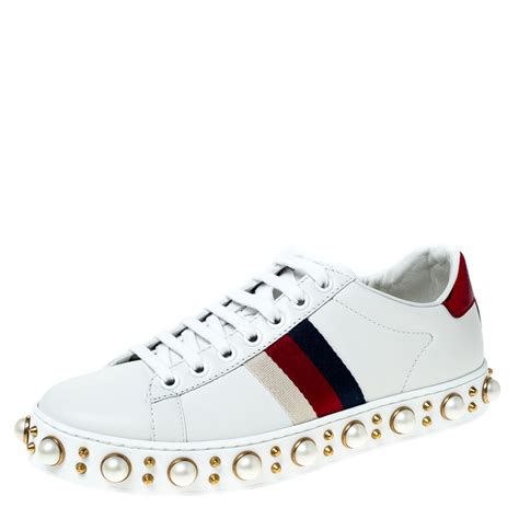 gucci white pearls and studs ace sneaker|gucci ace low top sneakers.